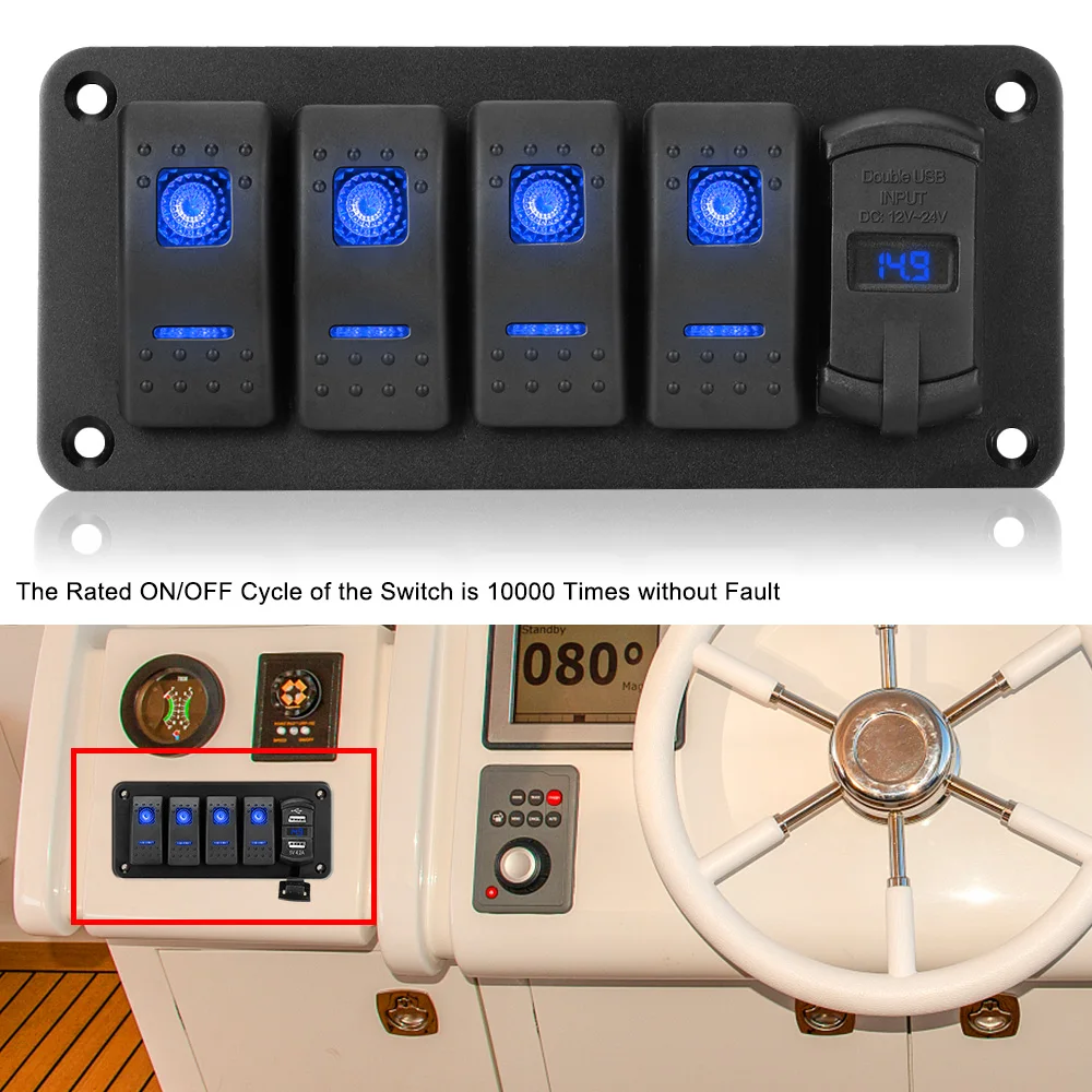 12V/24V Digital Voltmeter 4 Gang Toggle Rocker Switch LED Switch Panel +Sticker For Car Marine Waterproof Dual USB Port