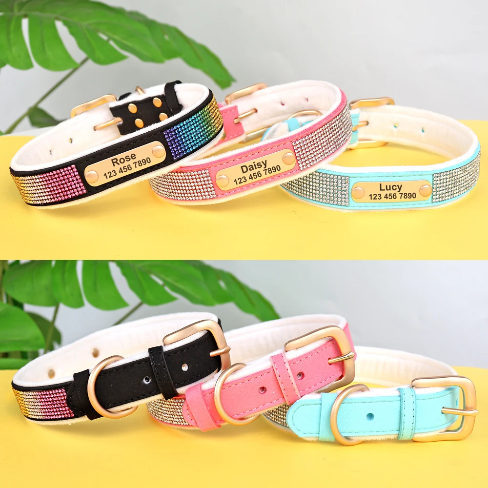 Personalized Dog Collar Crystal Rhinestone Dog Collars Anti-lost Soft Padded ID Collar Free Engraved For Small Medium Large Dogs