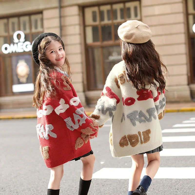 Girls Clothing Knit Cardigan Sweaters Letters Embroidered Sweater Coats Loose Thicken Long Cardigan Knitwear Overcoat Print Kids