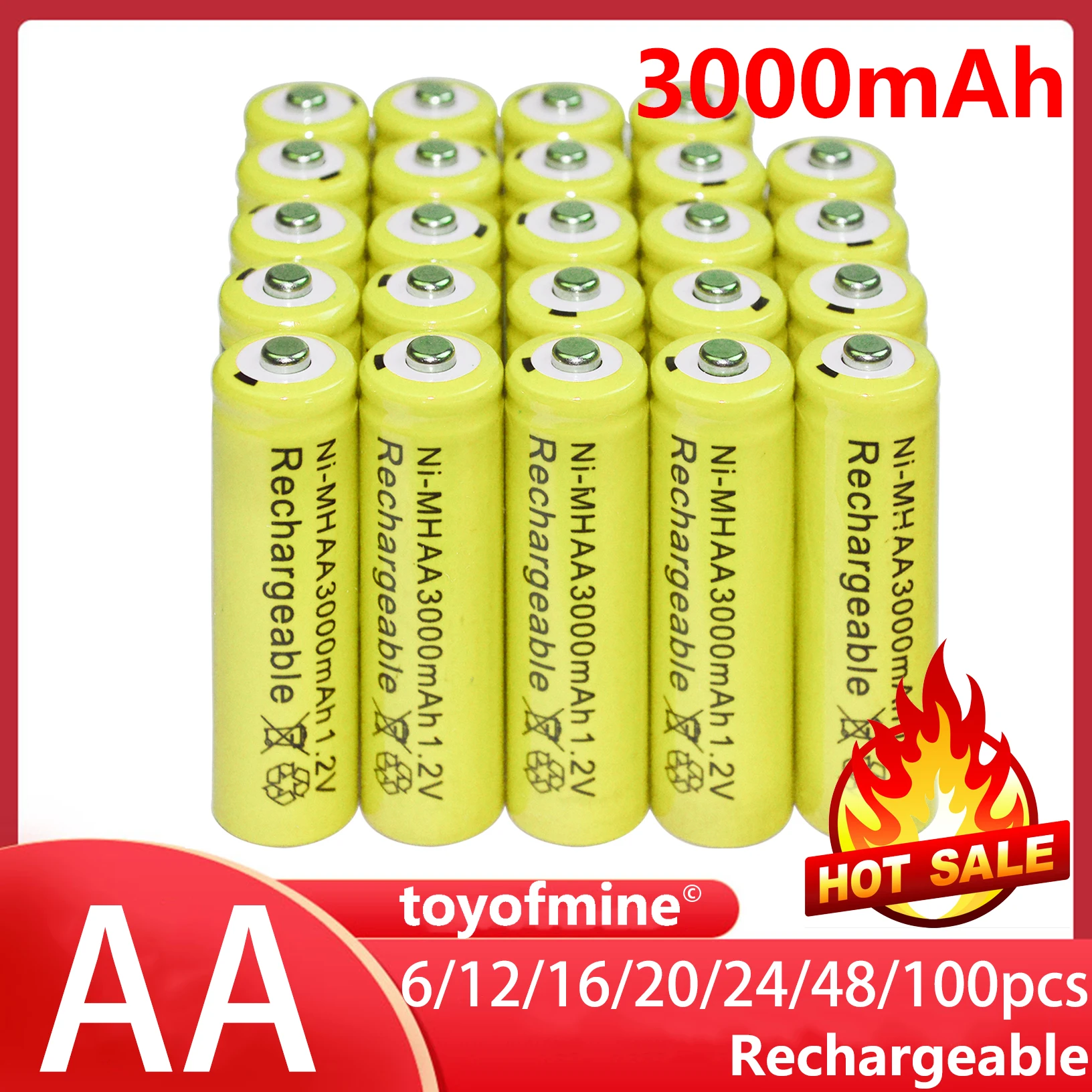 6/12/16/20/24/48/100pcs batteria AA batterie Al Nichel Idruro di Massa batteria ricaricabile NI-MH 3000mAh 1.2V Giallo