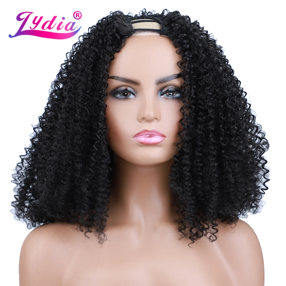 Lydia Afro Kinky Curly U Part 1B# Black Color Hair Wig Heat Resistant Synthetic 18inch Daily Party Wigs American African Women