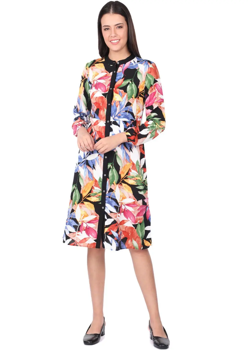 Women's Black Leaf Print Button Shirt Dress