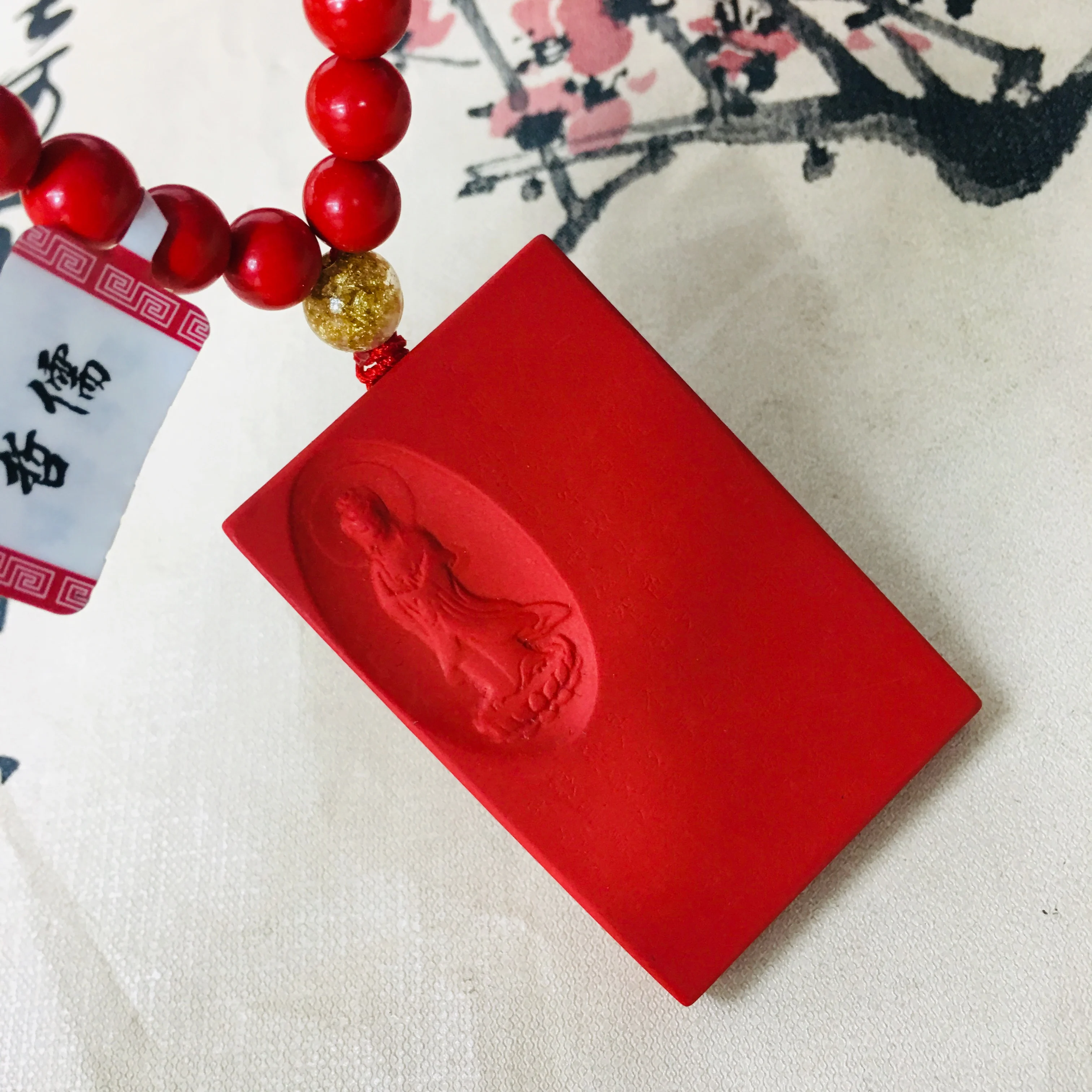 Zheru natural cinnabar carved red station Guanyin pendant with multi-color bead necklace exquisite men and women sweater chain