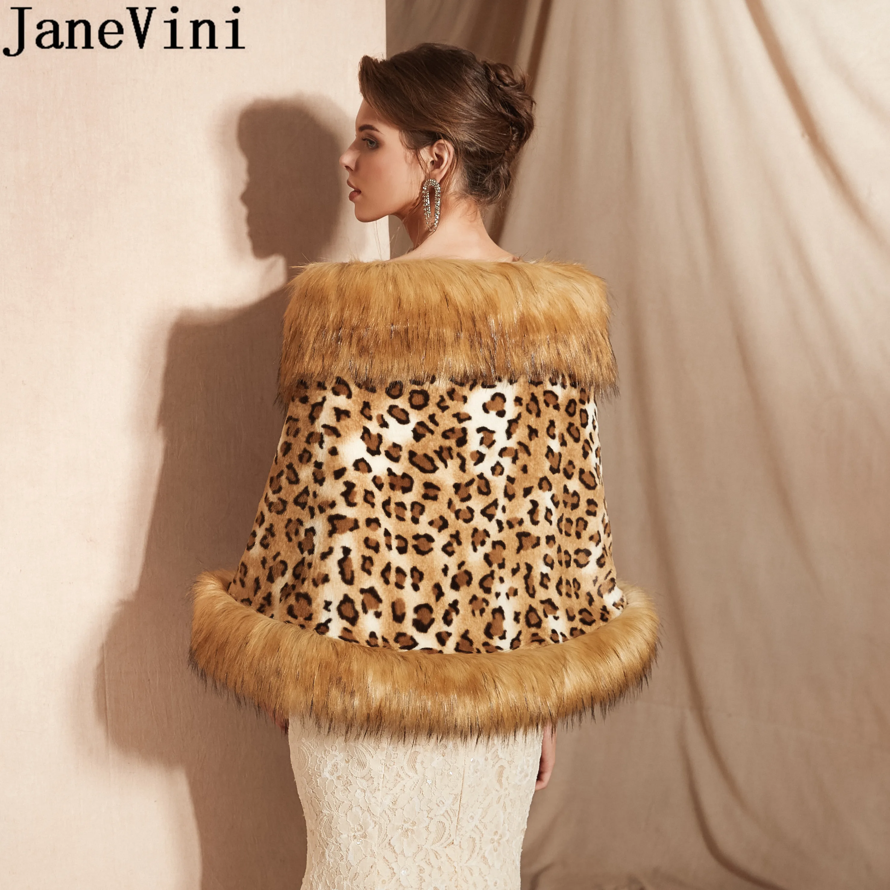 Janevini Fashion Wanita Bulu Imitasi Bungkus Pernikahan Musim Dingin Mantel Etole Sexy Leopard Pengantin Selendang Jaket Gaun Malam Bulu Bungkus Mencuri