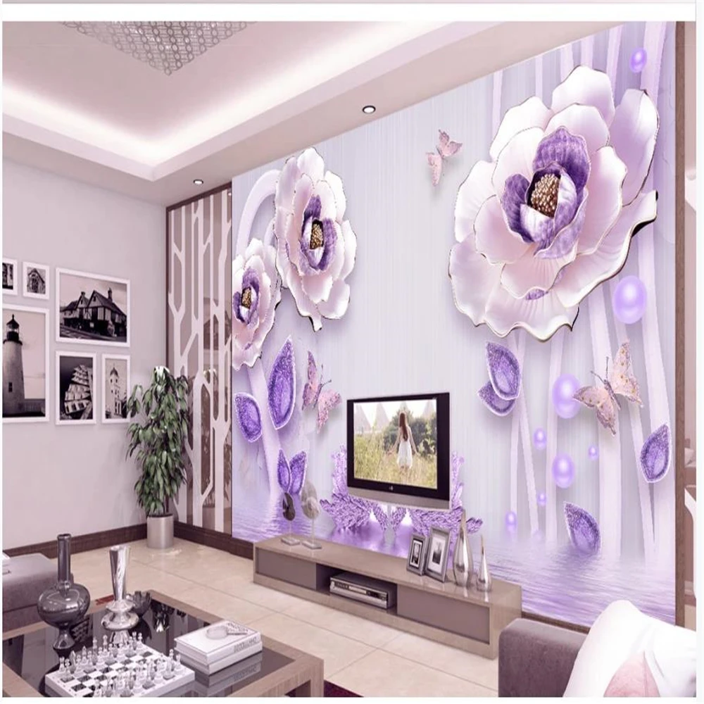 3D three-dimensional relief flower blooming rich peony wallpapers European TV background wall purple wallpaper