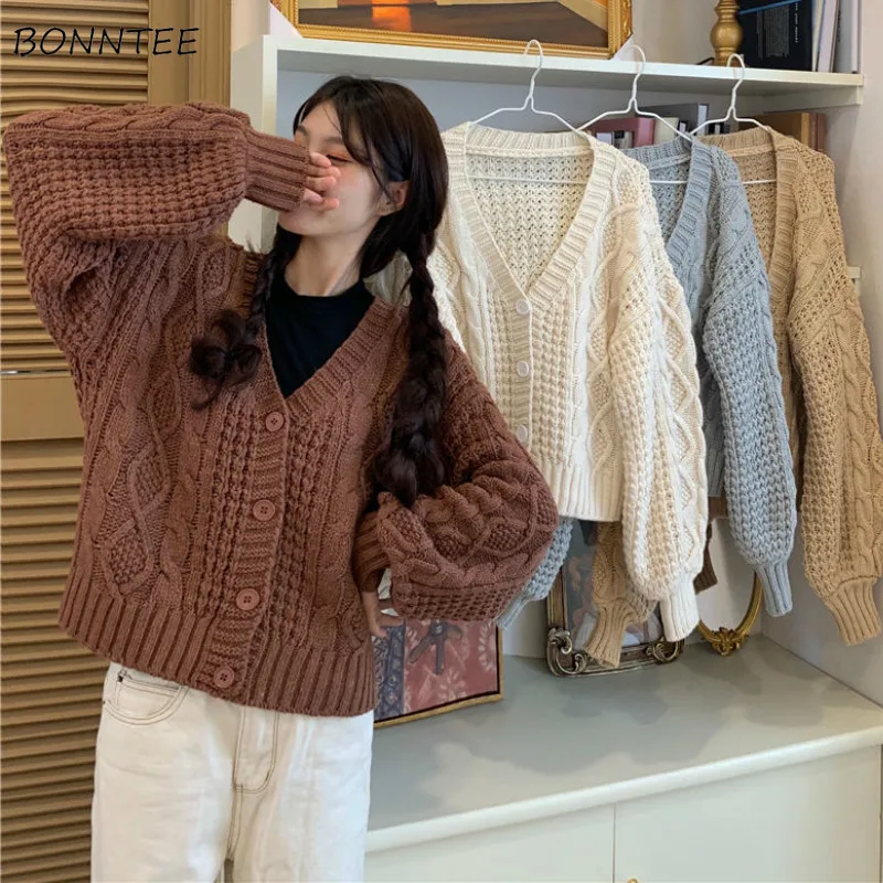

Sweaters Women Loose V-Neck Long Sleeve Simple Solid Student Korean Style Autumn All-match Fashion College Feminino Cardigan New
