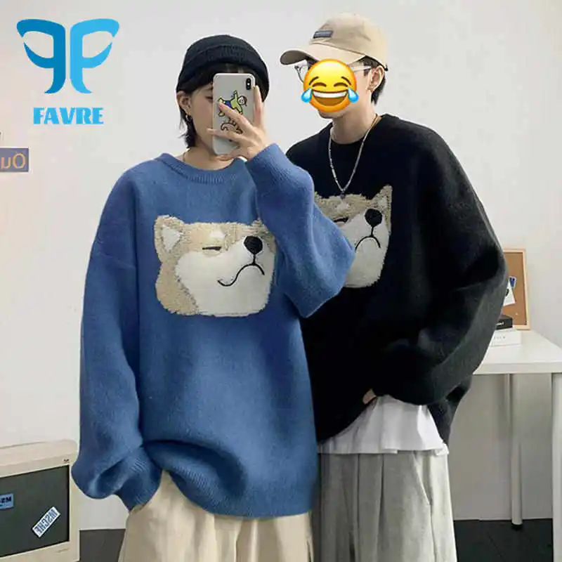 

FAVRE Anime Dogs Couples Pullovers Hip Hop Streetwear Knitted Sweaters Men Autumn Winter Japanese Style Harajuku O-Neck Sweater