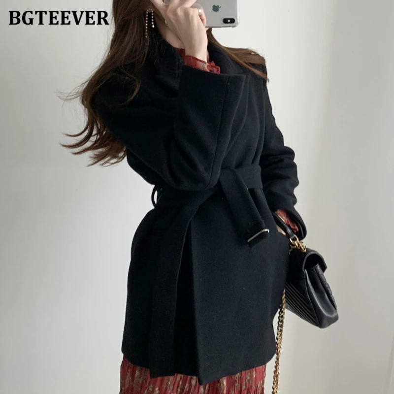 BGTEEVER Chic Elegant Woolen & Blends Blazer Women Autumn Winter Thick Warm Full Sleeve Belted Sashes Female Suit Jackets 2020