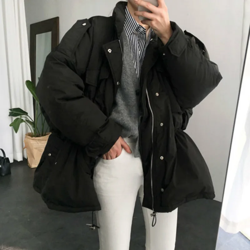 Korea Women Winter Thick Solid Cotton Parka Drawstring Slim Waist Overcoat Oversize Coat Jacket Zipper Outerwear with Pocket