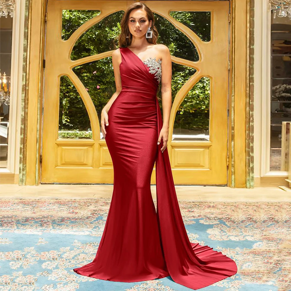 

Exquisite Red Mermaid One Shoulder Formal Evening Dress Floor Length Sweep Train Backless Prom Dresses with Crystal Custom Made