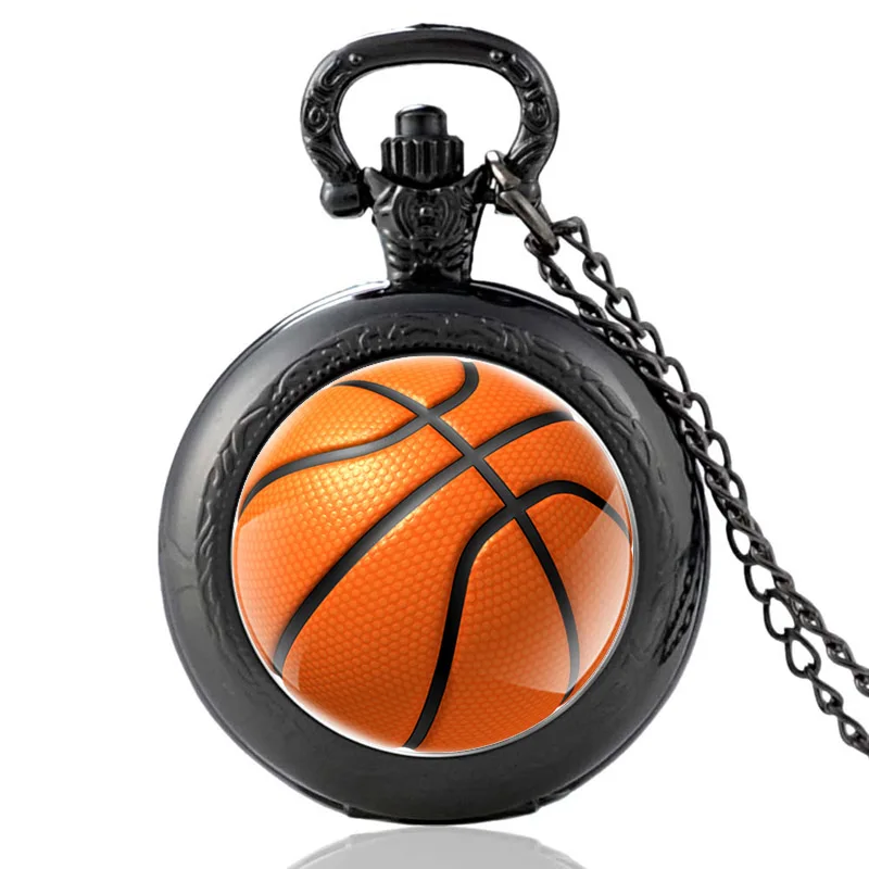 New Fashion Basketball Design orologio da tasca al quarzo Cabochon in vetro Vintage uomo donna collana con ciondolo nero orologio a catena