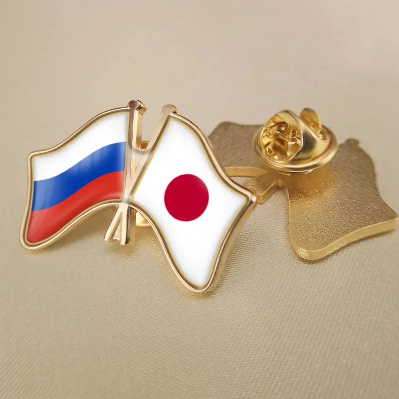 Russian Federation and Japan Crossed Double Friendship Flags Lapel Pins Brooch Badges