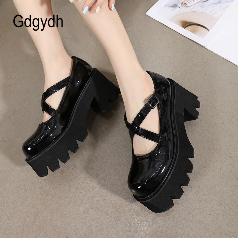 Gdgydh Patent Leather Mary Jane Shoes Women Japanese Platform High-Heeled School College Shoes For Girls Cross Strap Buckle