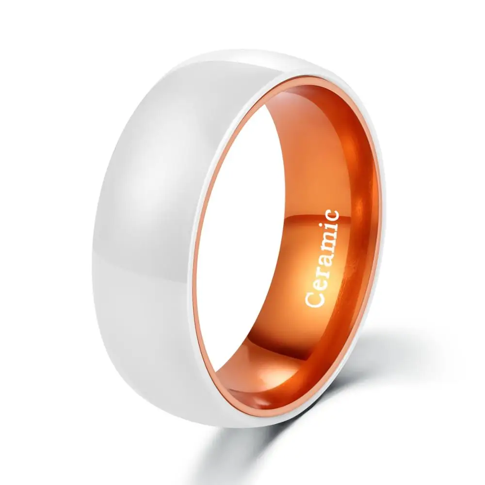 High Polished 8MM Width White Ceramic Rings for Teens with Orange Tones Anodized Aluminum Liner Scratch Proof Size 6-13