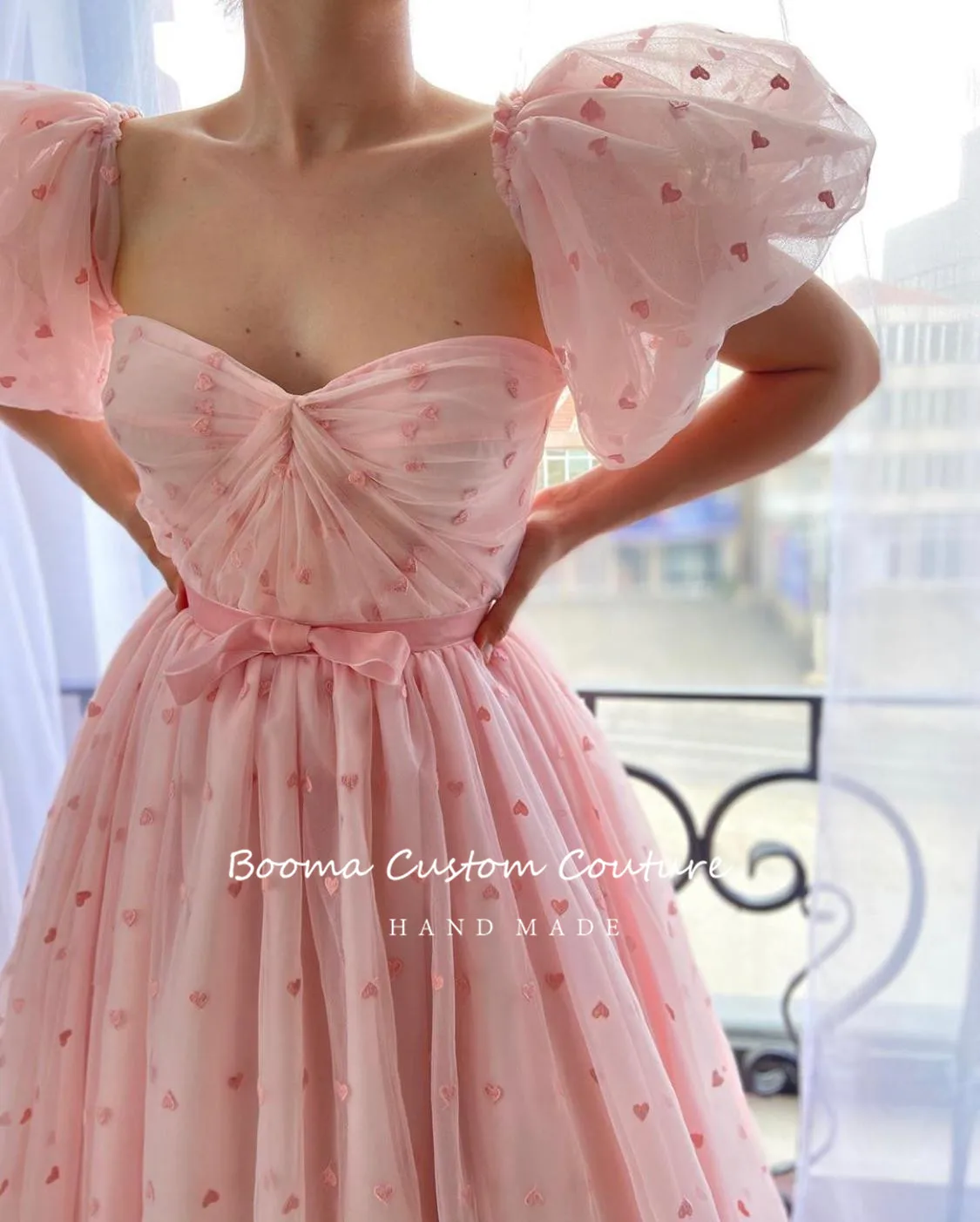 Booma Baby Pink Heart Tulle Prom Dresses Sweetheart Short Puff Sleeves Birthday Gowns A-Line Wedding Party Dresses for Women