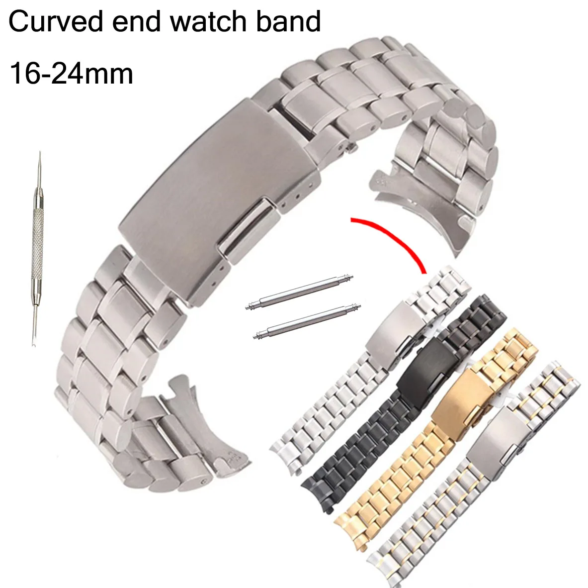 Curved End Watch Band Solid Stainless Steel Watch Strap 16 18 20 22 24mm Replacement Wrist Bracelet Band Fold Buckle w Pins