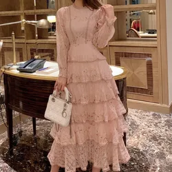 2021 Spring Fashion Women Lace Embroidery Maxi Dress Female Long Sleeve Elegant Slim Ruffles Elegant Long Dresses