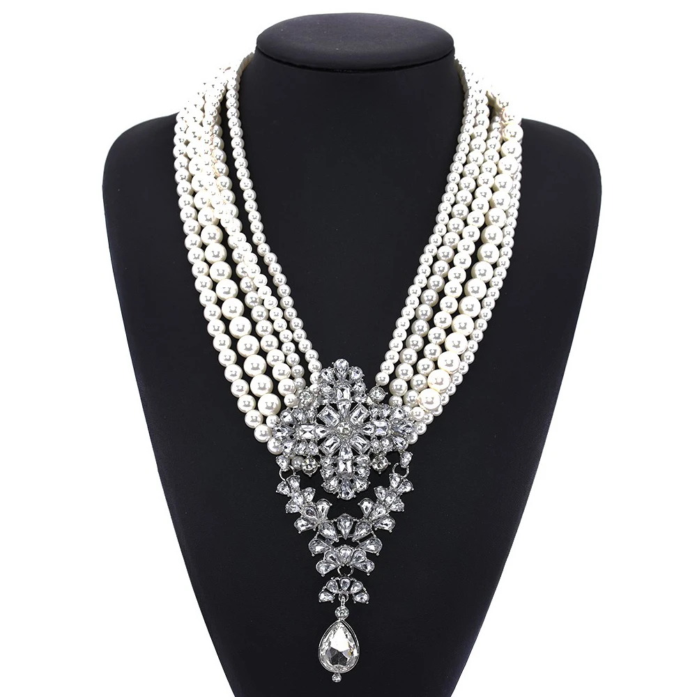 Elegant Layered Simulated Pearl Long Necklaces Rhinestone Flower Statement Women Handmade Collar Choker New Maxi Jewelry