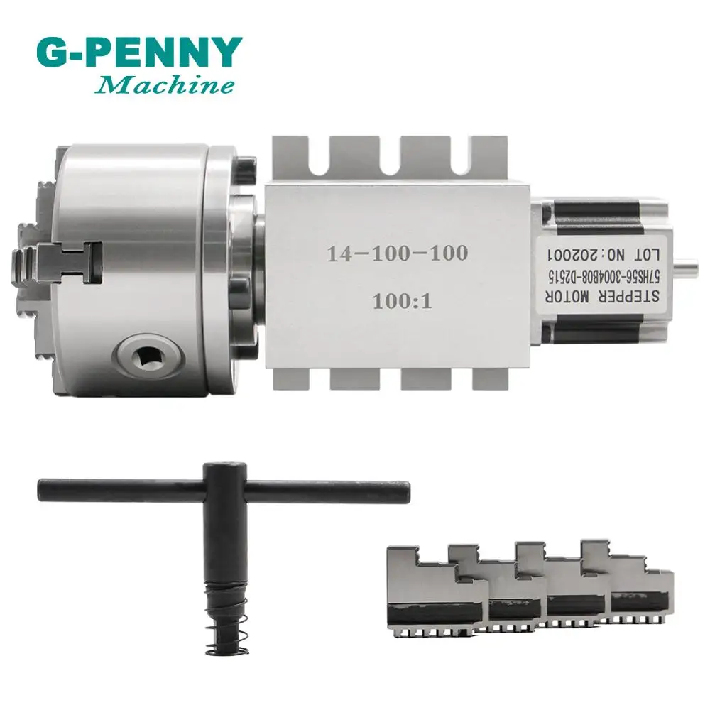 100mm 4 ganasce CNC 4 ° asse CNC testa di divisione rotazione un asse con CNC Nema23 riduttore armonico Gapless per macchina per la lavorazione del