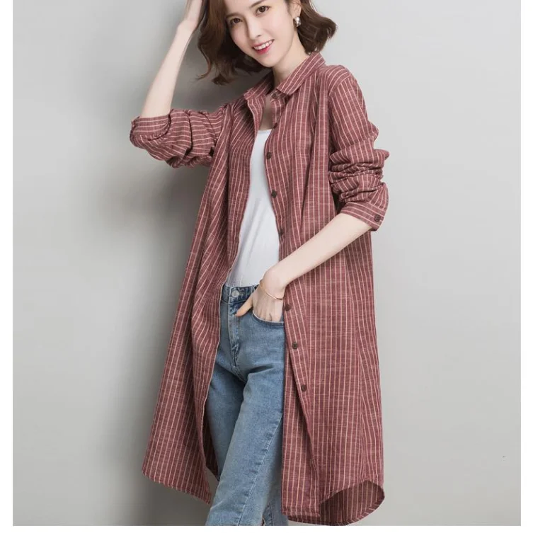 Blouse Women Striped Cotton-Linen Shirt Women\'s Long Sleeve Jacket 2024 Spring and Summer Long Shirt Blusas Ropa De Mujer