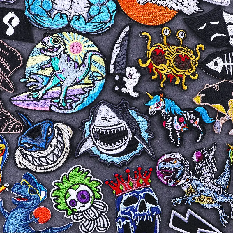 PUNK Animal Shark DIY Fusible Patches For Clothing Iron On Embroidered Patch For Clothes Dinosaur Bear Stickers On Jacket Badges