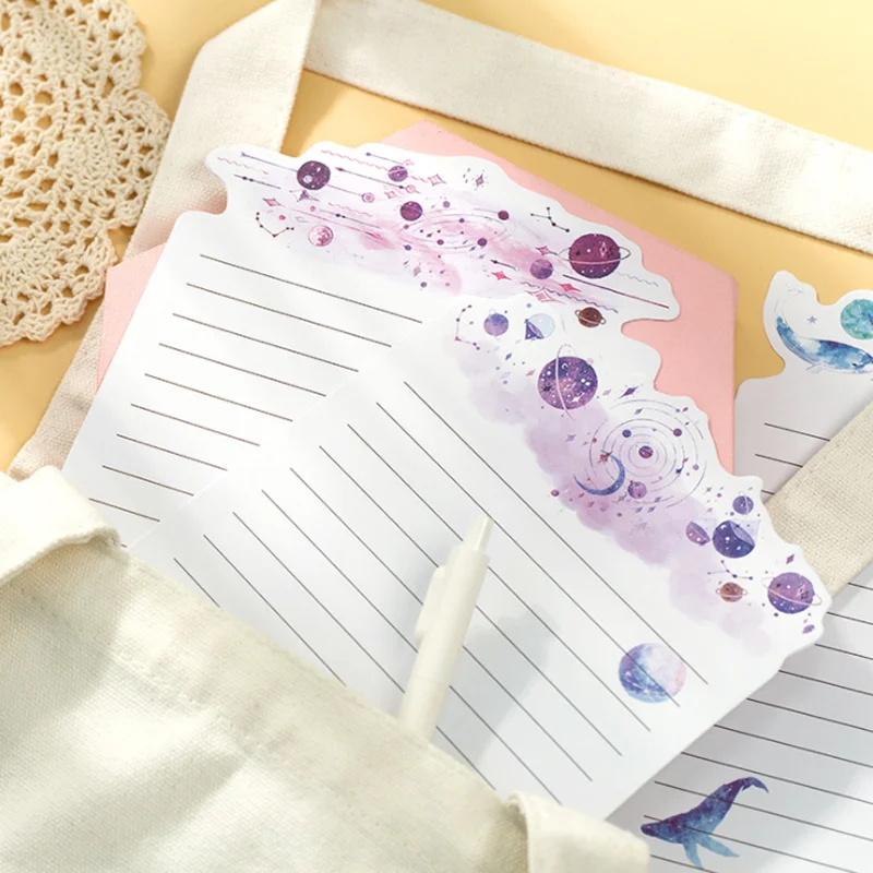 Kawaii Flower Planet Whale Series Creative Staacquering School Office Supplies, 3 enveloppes + 6 lettres en papier, enveloppe pour enfants, mariage