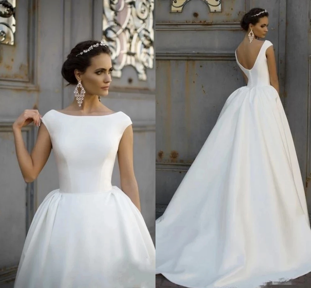 Weiyin AE0745 robe de mariee Vintage Boat Neck Satin Wedding Dress Backless Button A-line Princess Bridal Gowns Train vestidos