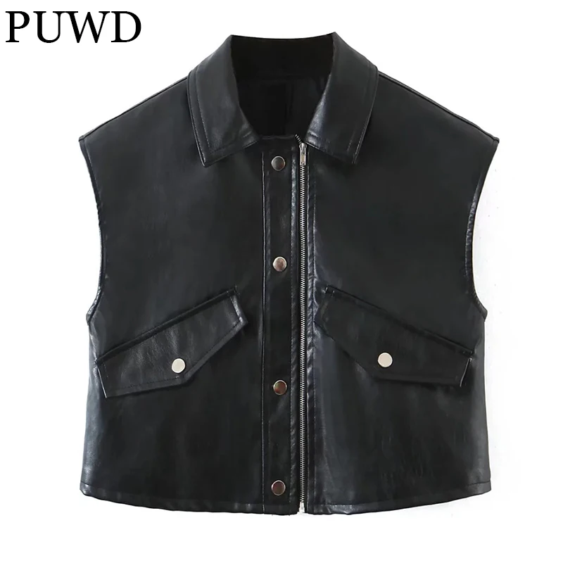 PUWD Vintage Women Faux Leather Vest Jacket 2021 Autumn High Street Solid Pocket Zipper Vest Slim Cool Female Chic Short Outwear