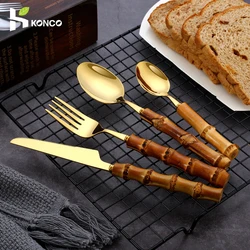 Bamboo Cutlery Set 1pc/4pcs Stainless Steel Golden Tableware Knife Fork Spoon Flatware Dishwasher Safe Silverware Dinnerware Set