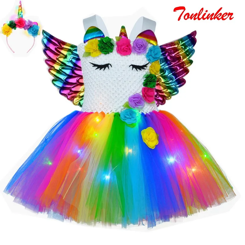 Girls Christmas Halloween Unicorn  Costume Glow Dress Kids Rainbow Mesh Flower Tutu Party Dresses Princess Cosplay Dress