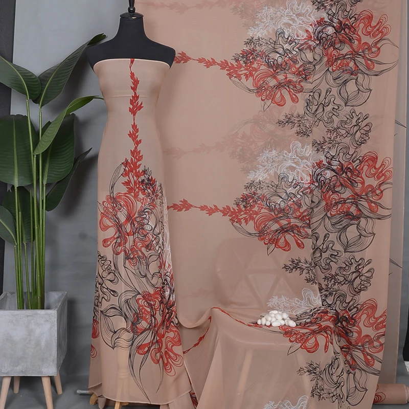 HYSK 100 natural silk georgette fabric large abstract pattern geometric hand printed printed pure silk for dress Cheongsam Q3582