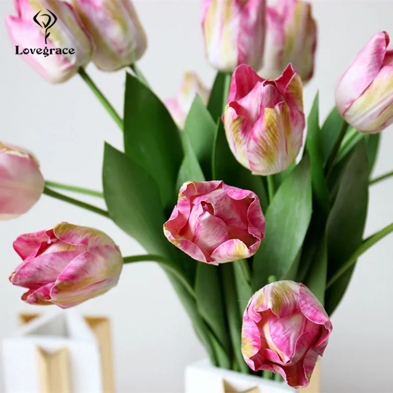 Simulasi 3D Pu Tulip Flores Single Cabang Palsu Bunga Cabang Pernikahan Arch Pintu Meja DIY Dekorasi Rumah Bunga Tulip Buatan