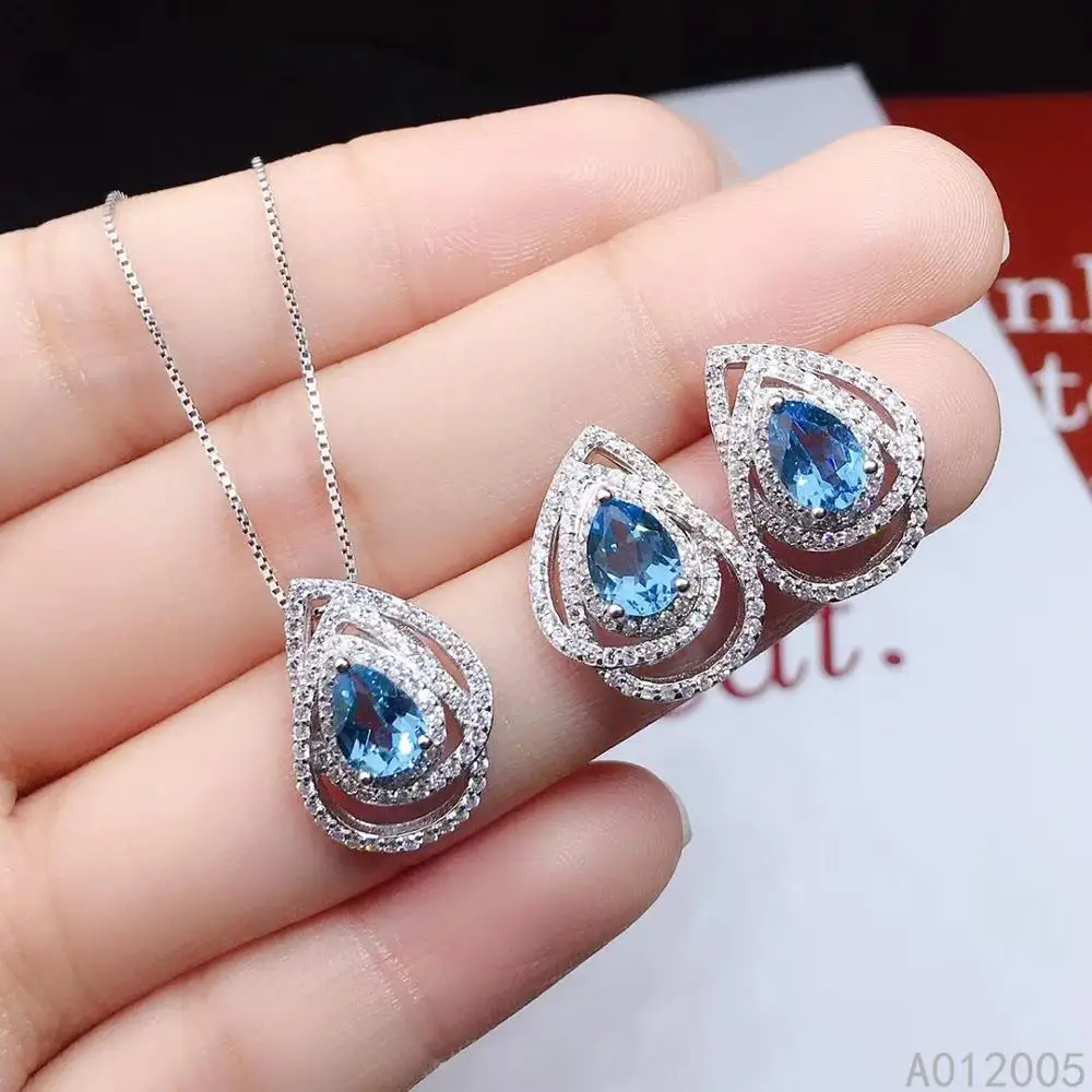 

KJJEAXCMY Fine Jewelry 925 sterling silver inlaid natural blue topaz female pendant earring set classic supports test