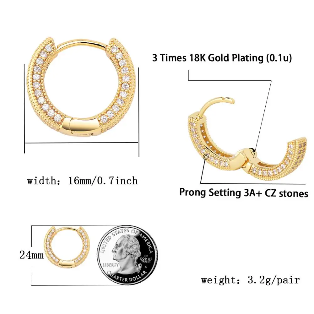 TOPGRILLZ Hip Hop Cubic Zirconia Ice Out Stud Earring Bling Fully Iced CZ Huggie Round Earrings For Men Women Jewelry