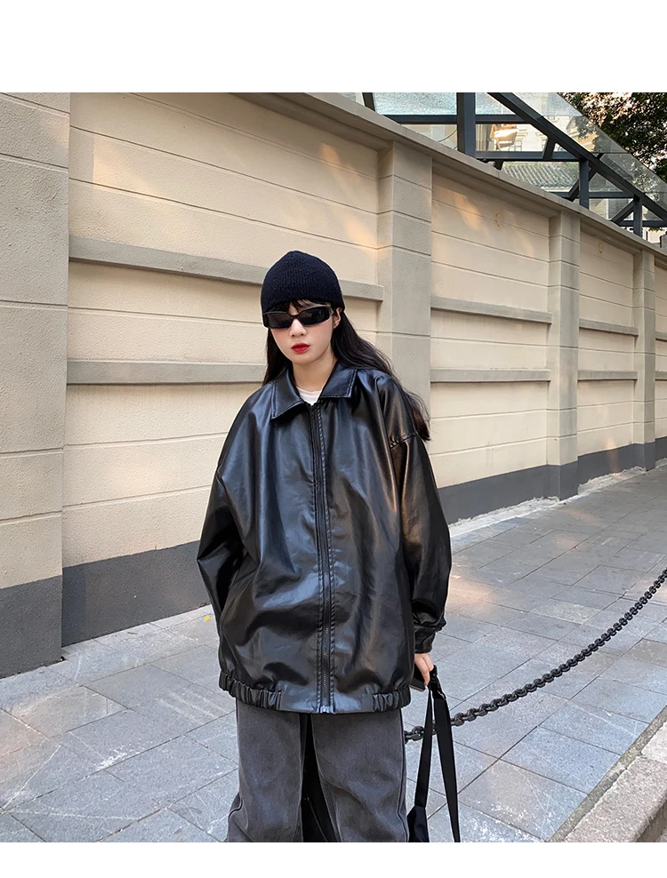 韓国黒革のジャケットの女性の冬ロング女性のモトバイカージッパー