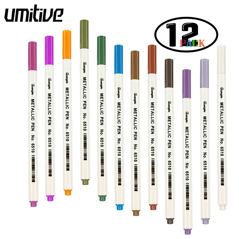 Umitive Metallic Marker Pens 12 Packs Watercolor Fine Tip Crafts Soft Brush Pen Permanent Craft Painting Art DIY Photo Album