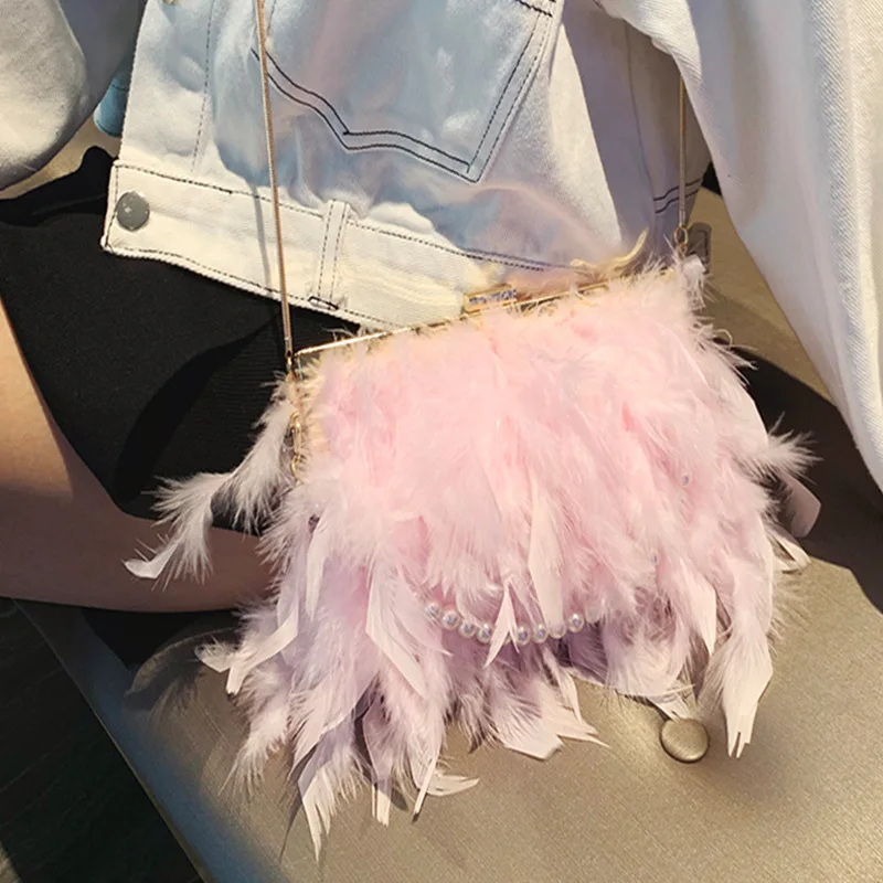 Women Fashion Pearl Beading Handbag Ladies Clutch Party Evening Bag Real Turkey Feathers Chain Shoulder Princess Crossbody Flaps