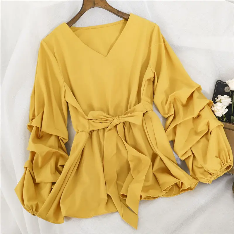 Korean Sweet Bow Lace-up V-neck Blouses Women Elegant Pleated Blousa Lantern Sleeve Casual Shirt Chic Elastic Waist Loose Tops