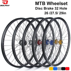 Bolany MTB Wheelset 26/27.5/29er Clincher Disc Brake Quick Release 32H Front Rear Bicycle Wheels Tubeless Ready Rim Cycling Part