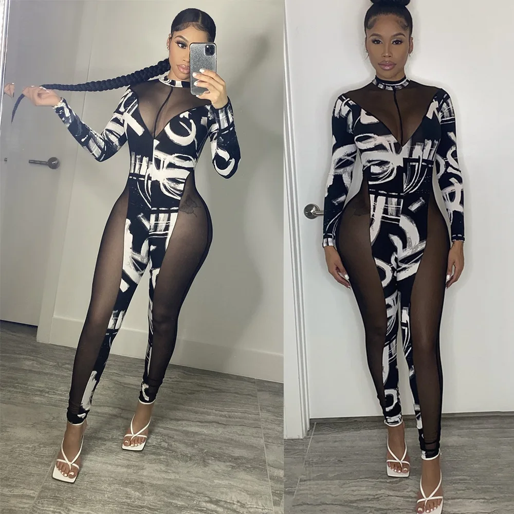 Rompers Womens Jumpsuit Sexy Letter Print Patchwork Sheer Mesh O Neck Long Sleeve Pencil Pants Body Club Jumpsuit Overalls Women