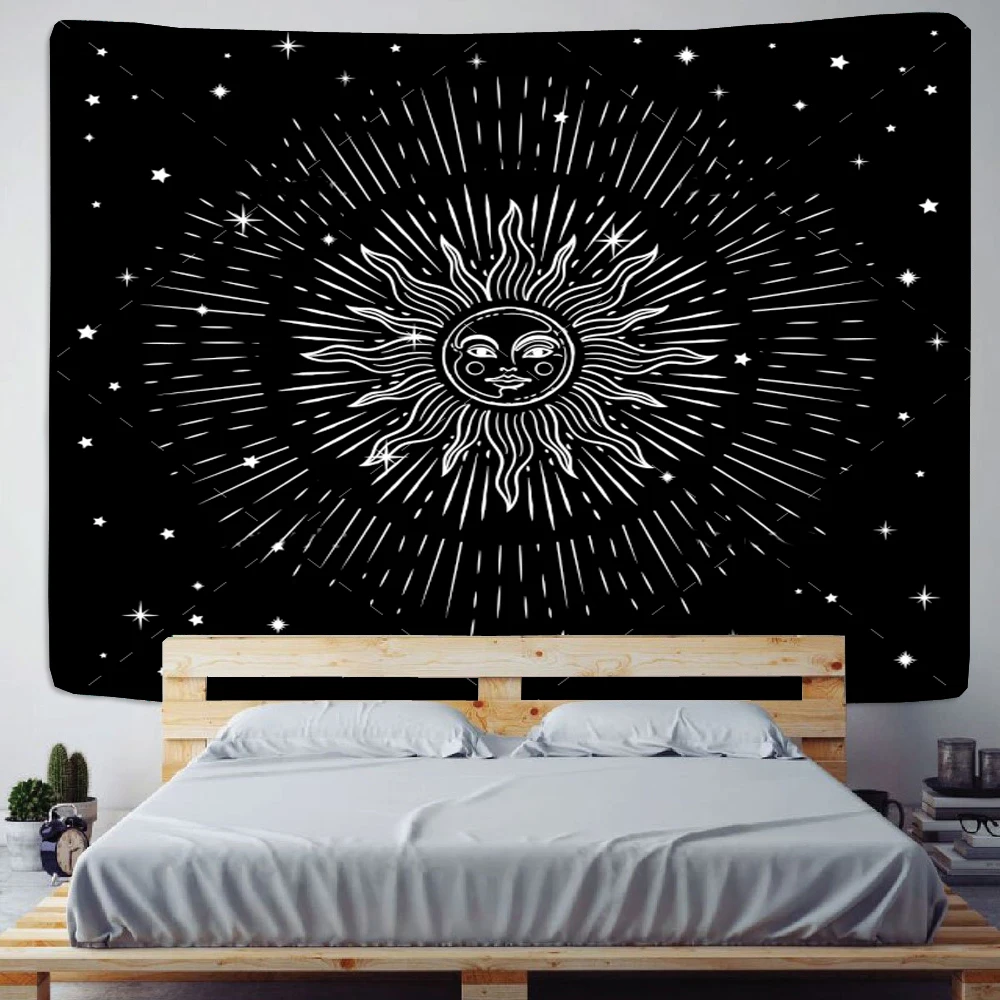 Black And White Sun And Moon Sun God Mandala Tapestry Witchcraft Wall Hanging Hippie Dormitory Psychedelic Carpet Decoration