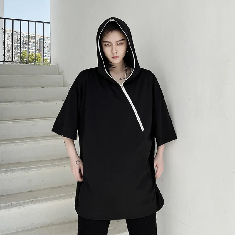 Men's Short Sleeve Hooded T-Shirt Summer New Hip Hop Street Punk Style Diagonal Zipper Casual Loose Size Half Sleeve