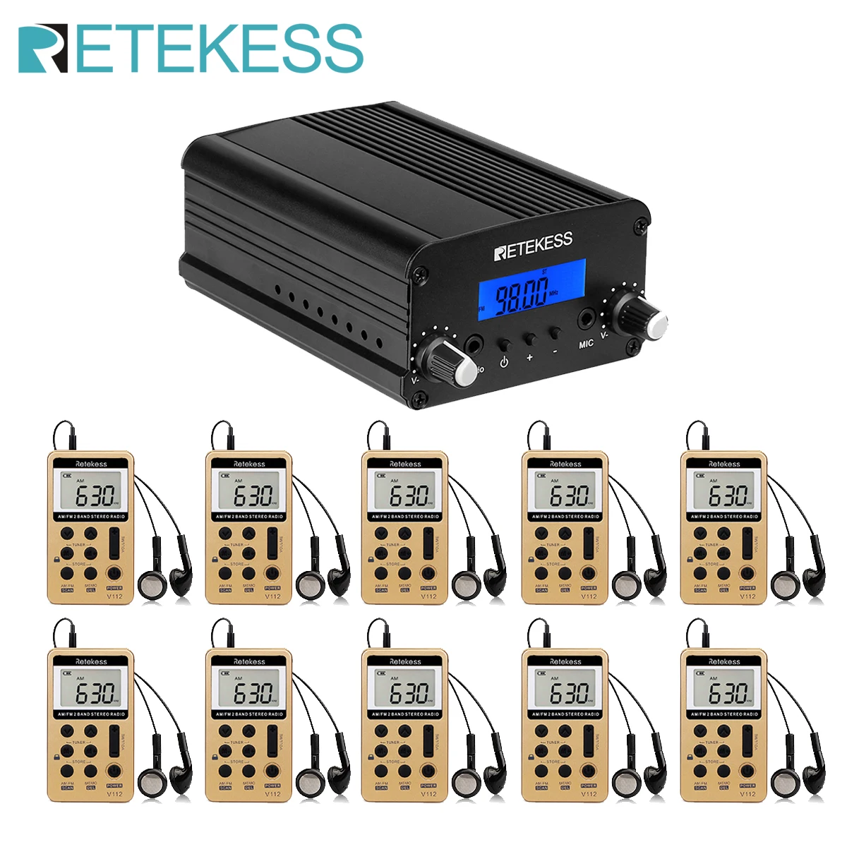 

Retekess 10 V112 радио + TR509 беспроводной fm-передатчик, трансляция, стерео радио станция для езды на церковных собраниях, парковочных кинотеатрах