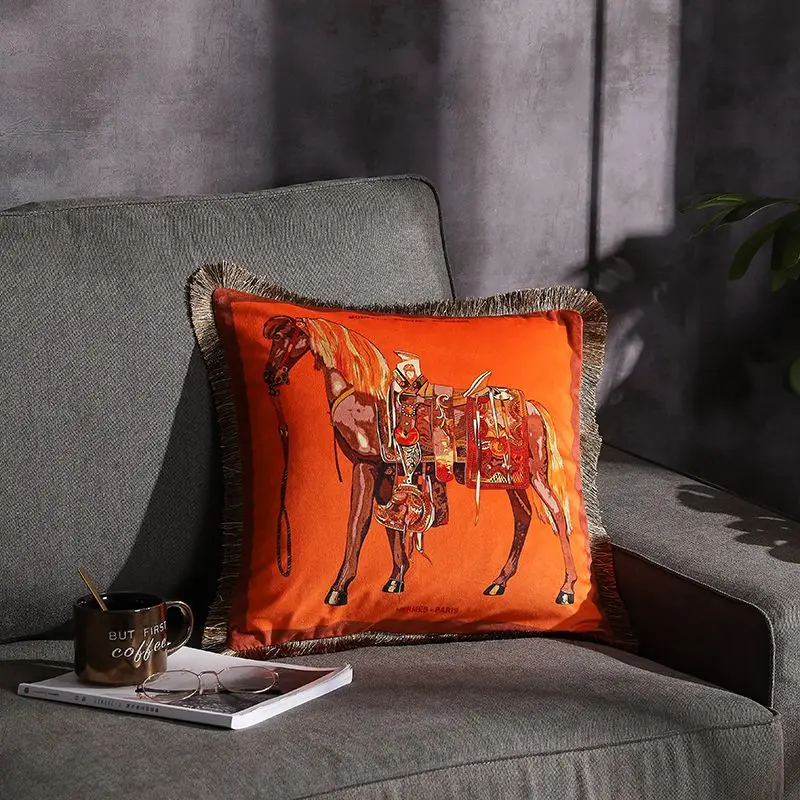 Luxury Plush Tassel Cushion Cover Soft Abstract Horse Steed Pillow Cover Pillowcase European Home Decor Sofa Throw Pillowcase