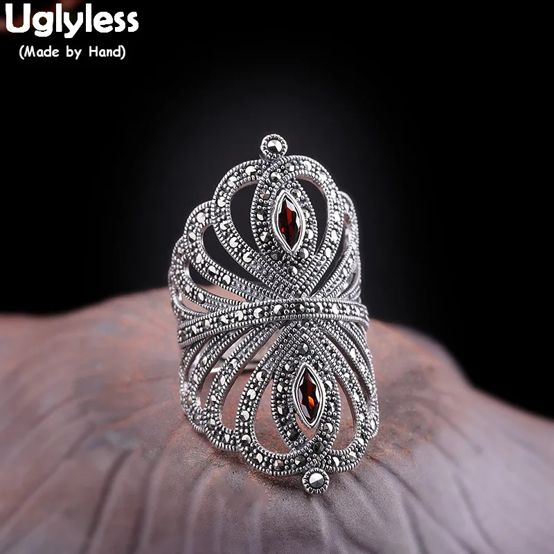 

Uglyless Hollow Exaggerated Wide Rings Women Ethnic Marcasite Thai Silver Floral Open Rings 925 Silver Garnet Fine Jewelry R852