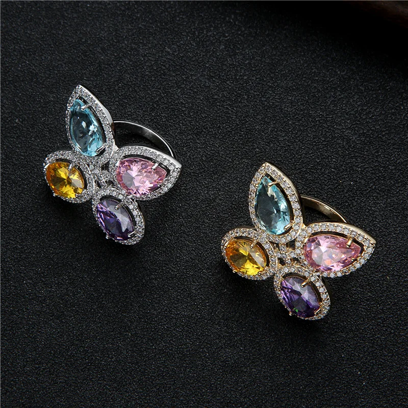 EYER Gorgeousness Charm Unique Four Leaf Colorful Crystal Rings Micro Zircon Engagement Wedding Ring For Women Bridal Jewelry