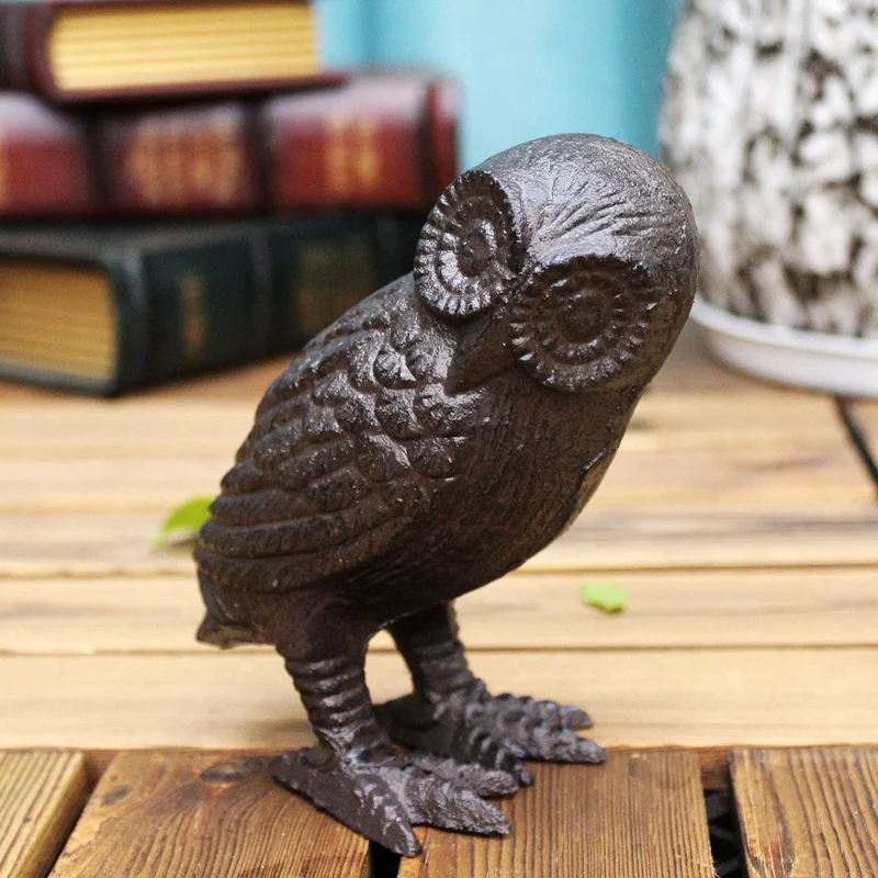 Antique Black Cast Iron Standing Owl Statue European Vintage Country Accents Handmade Home Tabletop Decor Bird Animal Figurines