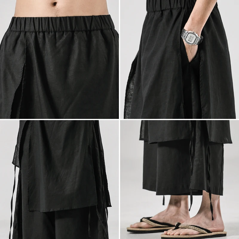 Men Chinese Style Cotton Linen Pants Black Wide-Leg Pants Men Comfortable Skirt Pants Ancient Male Loose Hanfu Kung Fu Trousers