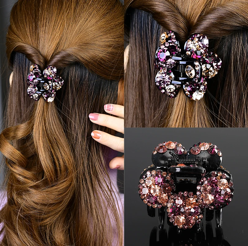 AWAYTR Rhinestone Hair Claws Clips Flower Women Fashion Crystal Hairpins Clamps Crab Ponytail Barrette Girls Hair Accessories