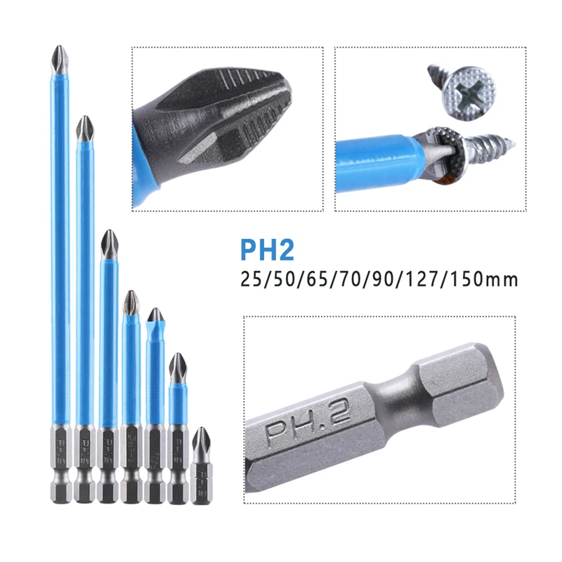 25mm-150mm ph2 phillips cabeça chave de fenda broca hex haste magnética antiderrapante longo alcance precisão parafuso bits ferramentas elétricas